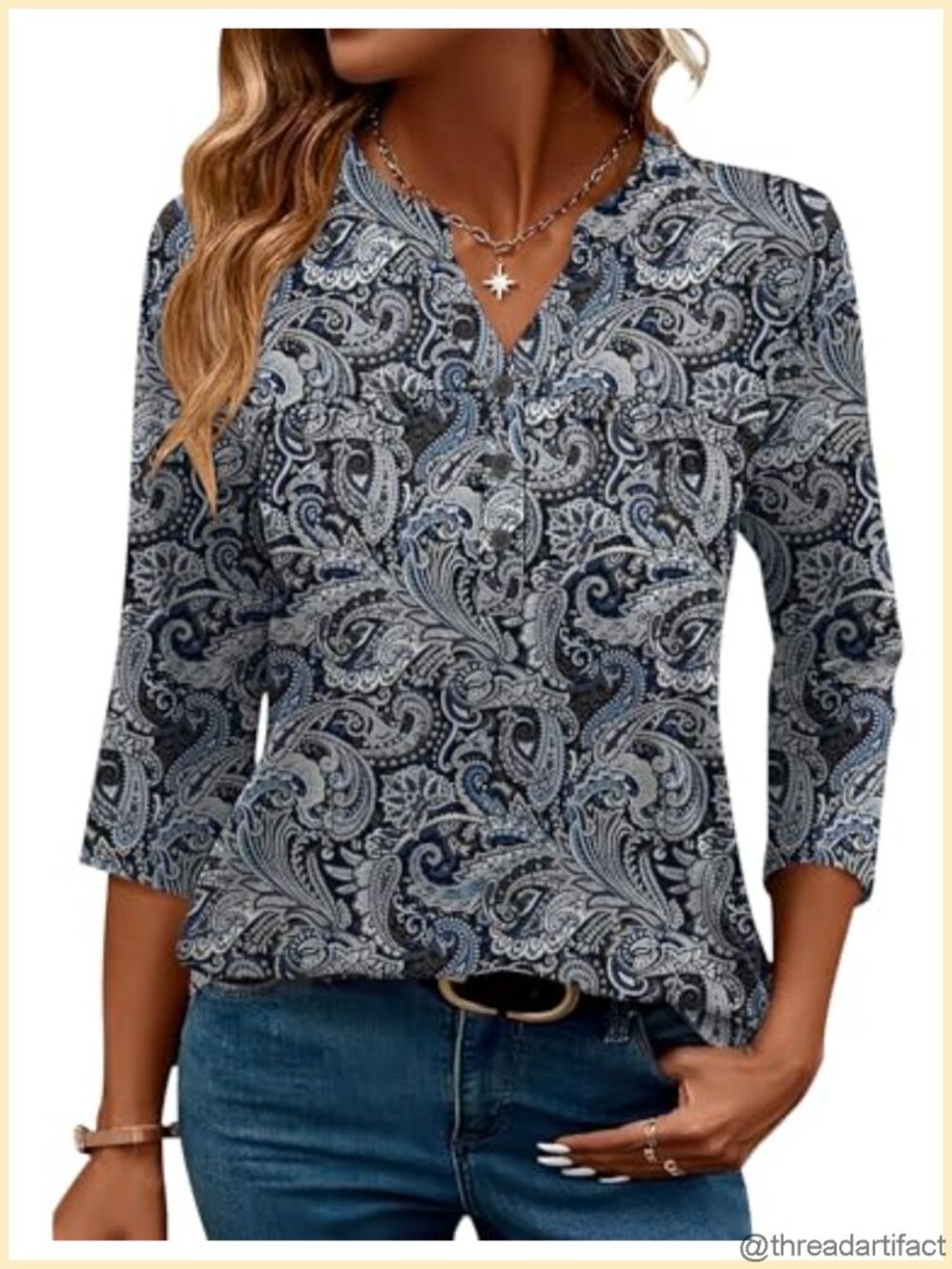Womens 3/4 Sleeve Button Down V Neck Pleated Tunic Blouse